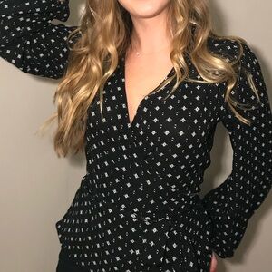 Hinge Black and White Patterned Wrap Blouse
